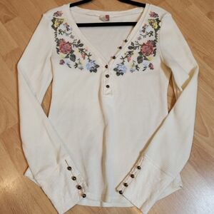 Anthropologie Pilcro Waffle Henley Floral Stitch Long Sleeve Cream Size Medium